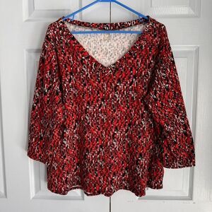 Anne Klein Sport‎ 1X Red Digital Pattern Tunic 3/4 sleeve Career Top